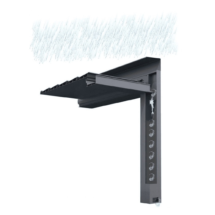 Detaliu pe sistemul de drenal al unei pergole Bioclimatice cu lamele
